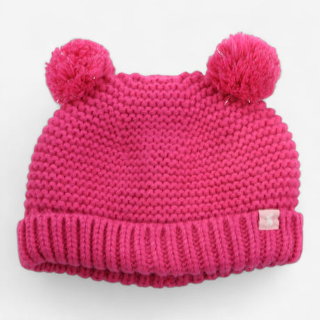 Knitted bobble hat pink with white an navy striped
