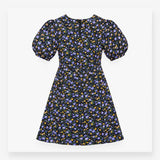 Black Blue Floral Puff Sleeve Mini Dress