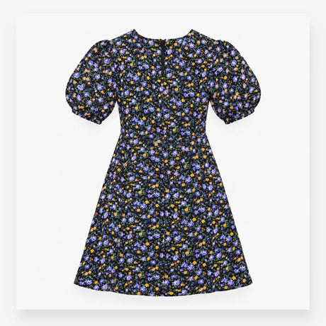 Black Blue Floral Puff Sleeve Mini Dress