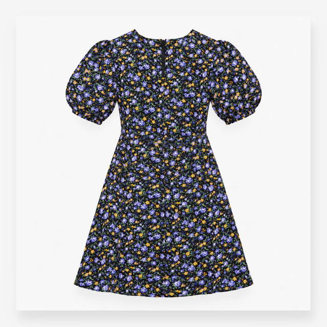 Black Blue Floral Puff Sleeve Mini Dress