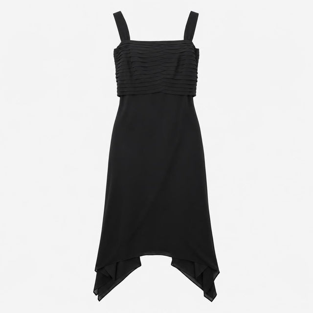 Black Sleeveless Tiered Pleated Bodice Square Neck