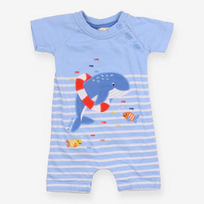 Romper Blue Stripe Whale in Rubber Ring Applique