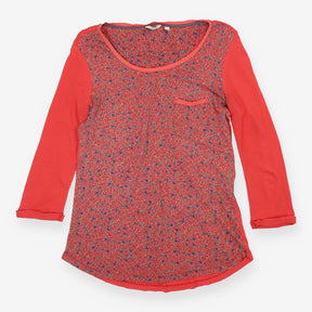 Coral red floral print long sleeve top with pocket
