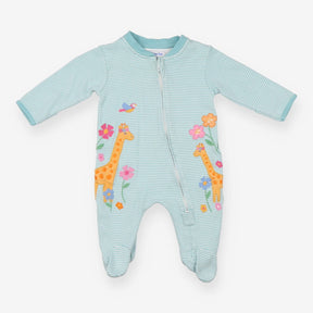 Sleepsuit green and white stripe with pretty giraf