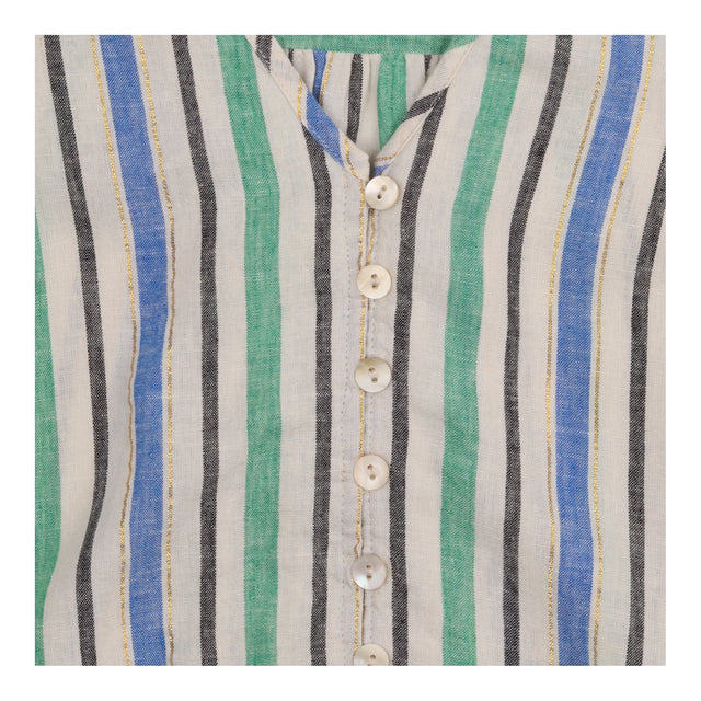 Midi Dress Green Blue Striped Linen Blend Metallic