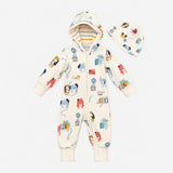 Hooded Zip Sleepsuit White Dogs and baby hat