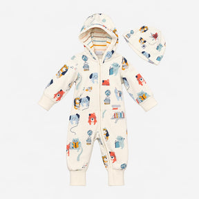 Hooded Zip Sleepsuit White Dogs and baby hat