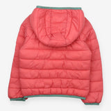 Pink puffer packaway coat with green trim