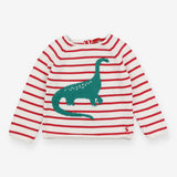 Knit sweater white red striped dinosaur