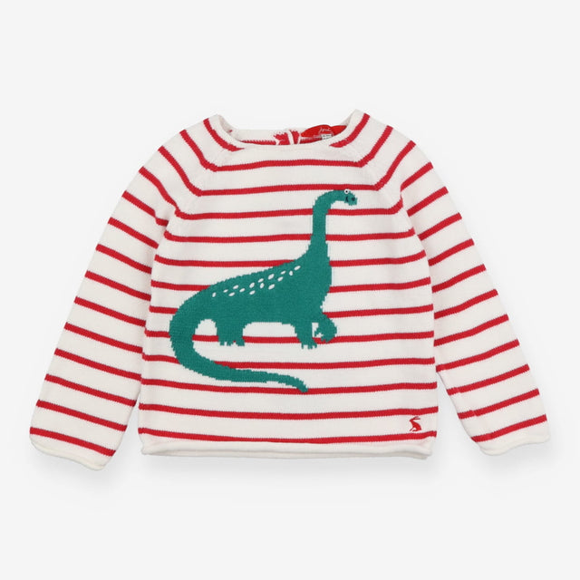 Knit sweater white red striped dinosaur