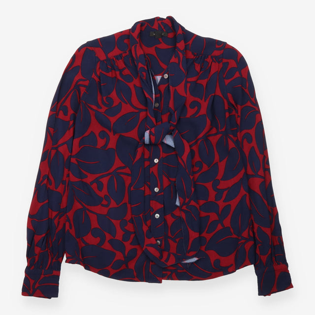 Blouse Navy Red Abstract Floral Tie Neck