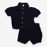 Outfit knit collar cardigan and shorts navy blue