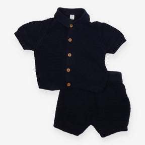 Outfit knit collar cardigan and shorts navy blue