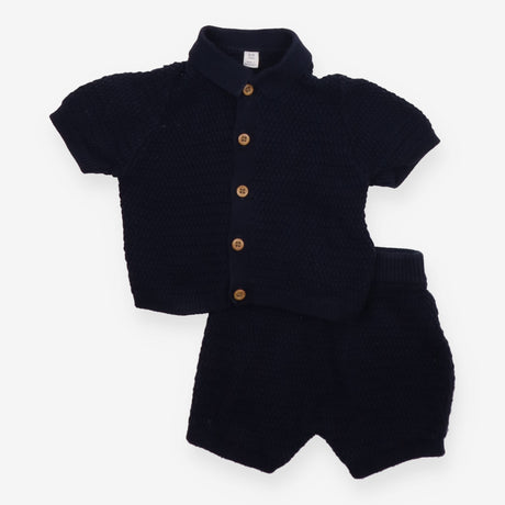 Outfit knit collar cardigan and shorts navy blue