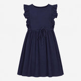 Dress Navy Blue Embroidered Ruffle Sleeve Midi Sco