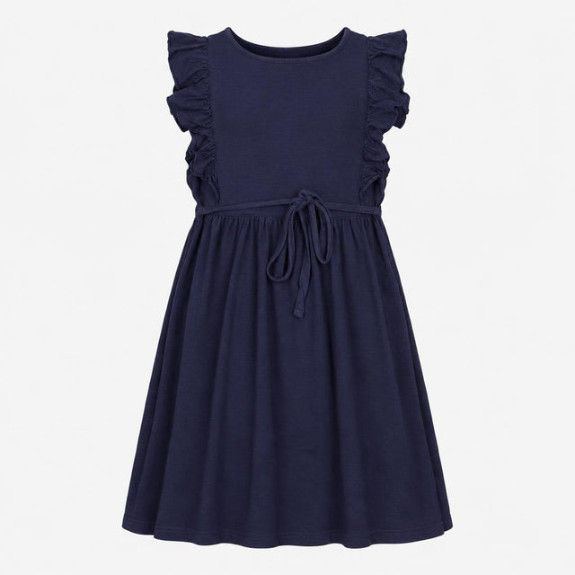 Dress Navy Blue Embroidered Ruffle Sleeve Midi Sco