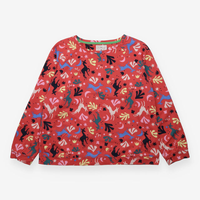 Sweatshirt Coral Red Deer Animal Print Long Sleeve