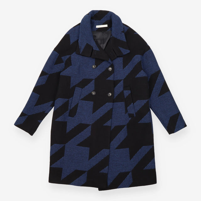 Wool Blend Coat Blue Black Oversized Houndstooth