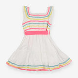 Woven Dress White, Colourful Wavy Strips and Pink 