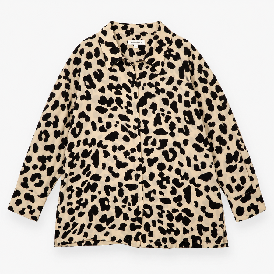 Blouse Beige Black Animal Print Long Sleeve Button