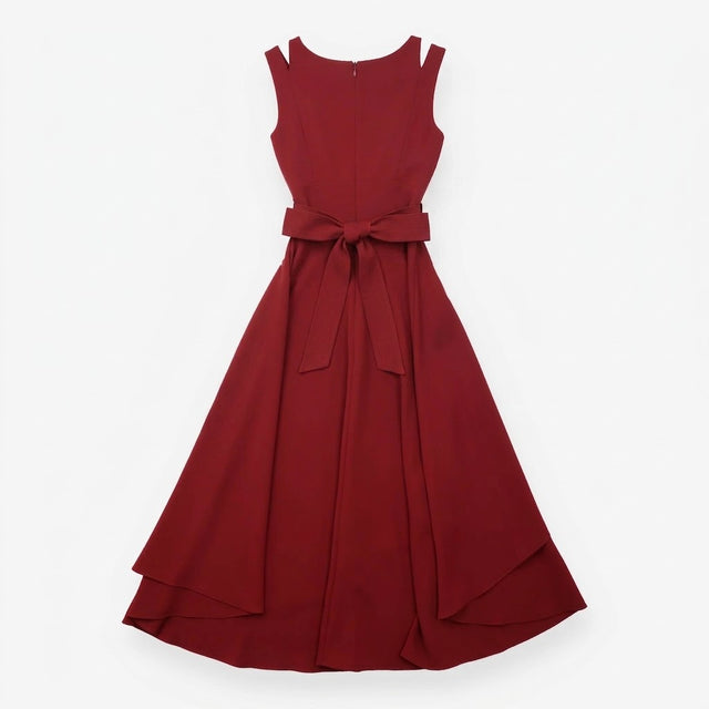 Burgundy Belted Sleeveless Midi Dress