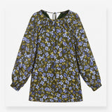 Olive Green Blue Floral Long Sleeve High Neck Tuni