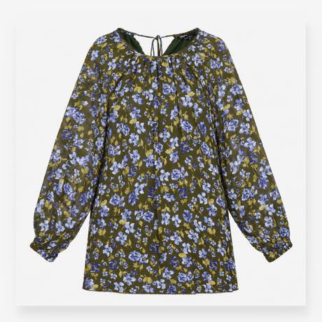 Olive Green Blue Floral Long Sleeve High Neck Tuni