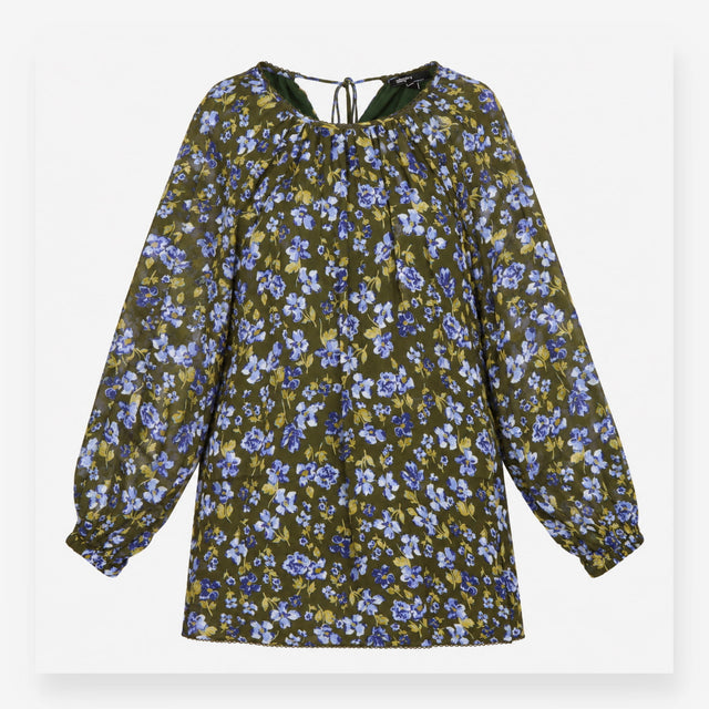 Olive Green Blue Floral Long Sleeve High Neck Tuni