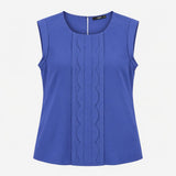Top Blue Sleeveless Pleated Scallop Front Round Ne