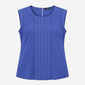 Top Blue Sleeveless Pleated Scallop Front Round Ne