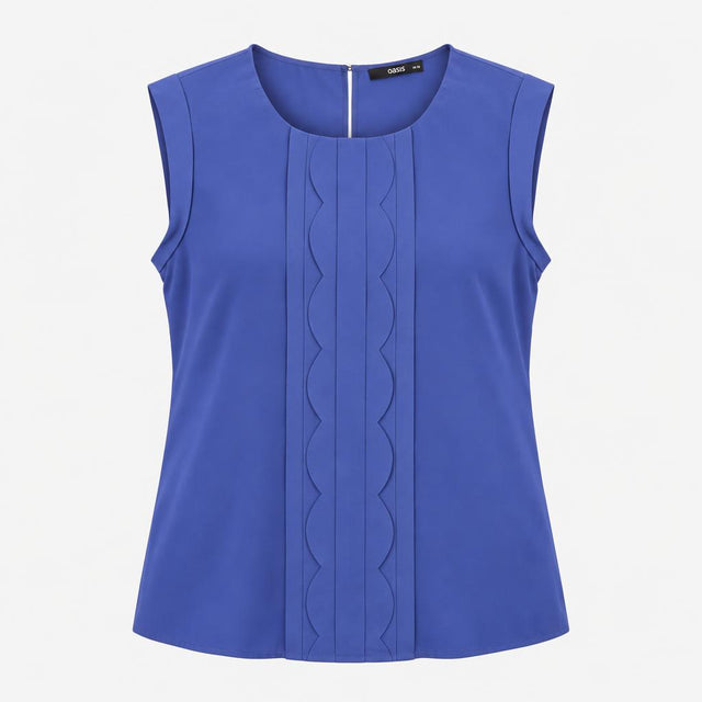 Top Blue Sleeveless Pleated Scallop Front Round Ne