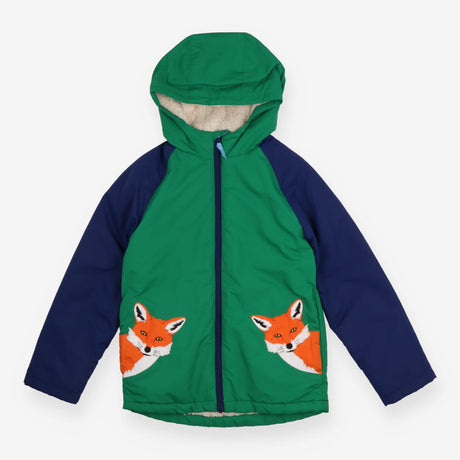 Green fleeced line coat with fox applique