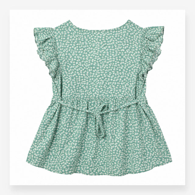 Blouse Short Sleeve Button Front Floral Green Whit