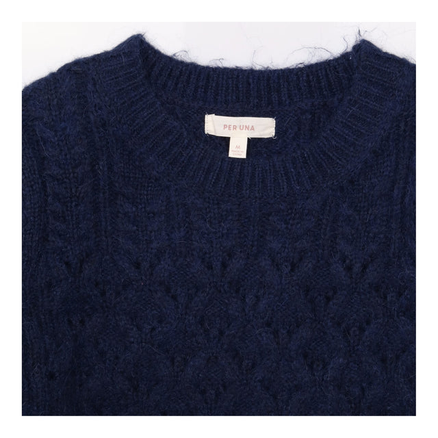 Navy Cable Knit Crew Neck Alpaca Blend Puff Sleeve