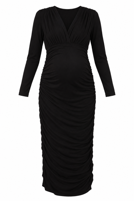 Dress Black Ruched V-Neck Long Sleeve Maternity