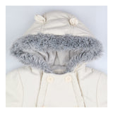 Pramsuit cream 6 buttons grey fur hood 
