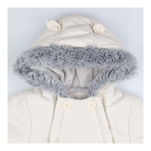 Pramsuit cream 6 buttons grey fur hood 