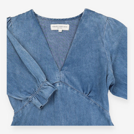 Mini Dress Blue Organic Cotton Puff Shoulder Ruffl