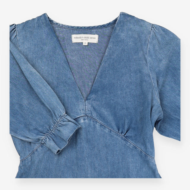 Mini Dress Blue Organic Cotton Puff Shoulder Ruffl