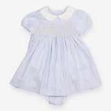 Dress Heirloom blue stripe smocked white collar SS