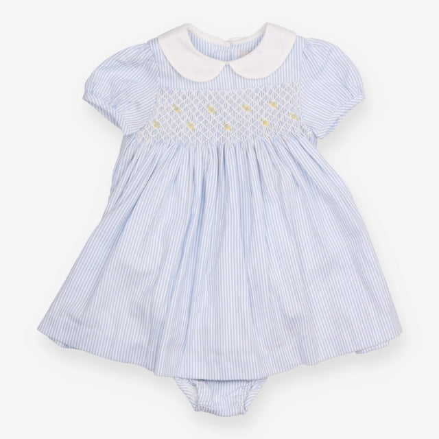Dress Heirloom blue stripe smocked white collar SS