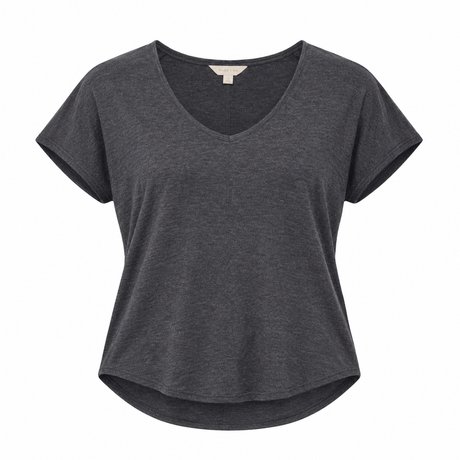 Top Short Sleeve Charcoal Grey V-Neck Cotton Blend
