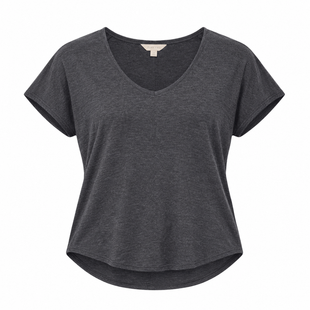 Top Short Sleeve Charcoal Grey V-Neck Cotton Blend