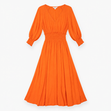 Orange Midi Dress with Smocked Waist and Long Slee