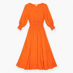 Orange Midi Dress with Smocked Waist and Long Slee