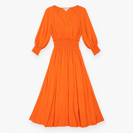 Orange Midi Dress with Smocked Waist and Long Slee