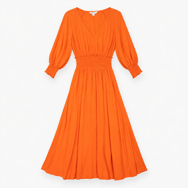 Orange Midi Dress with Smocked Waist and Long Slee