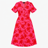 Dress Pink Red Floral V Neck Midi Tea