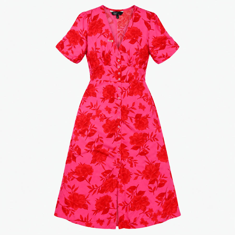 Dress Pink Red Floral V Neck Midi Tea
