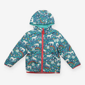 Reversible Coat Blue Unicorns and Flowers